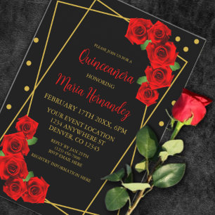 Rote Rose Schwarze und Goldene Quinceañera Einladung