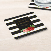 Rote Rose, Schwarzes, Weiß u. Goldstreifen - Rechteckiger Pappuntersetzer (angewinkelt)