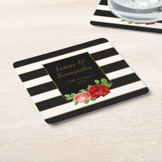 Rote Rose, Schwarzes, Weiß u. Goldstreifen - Rechteckiger Pappuntersetzer (angewinkelt)