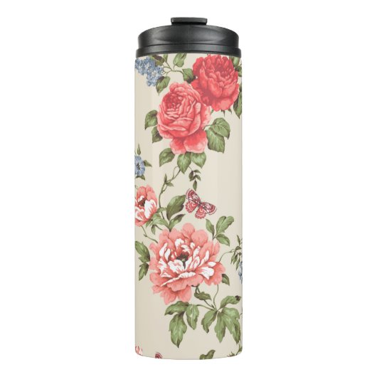 ROTE ROSE SEAMLESS PATTER MIT BLUE BELLSpattern,f Thermosbecher (Vorderseite)