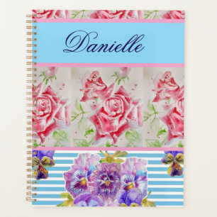 Rote Rose Shabby Chic Aquarell-Rosen Pink Blau Planer