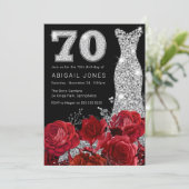 Rote Rose Silver Diamond Dress Black 70. Geburtsta Einladung (Stehend Vorderseite)