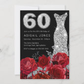 Rote Rose Silver Diamonte Kleid 60. Geburtstag Einladung (Vorderseite)