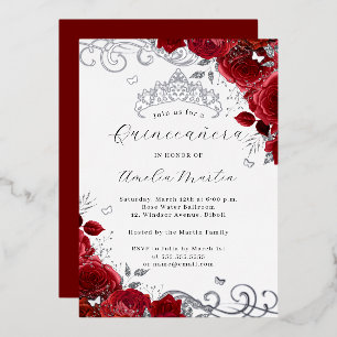 Rote Rose Silver Floral Swirl Quinceanera Folieneinladung
