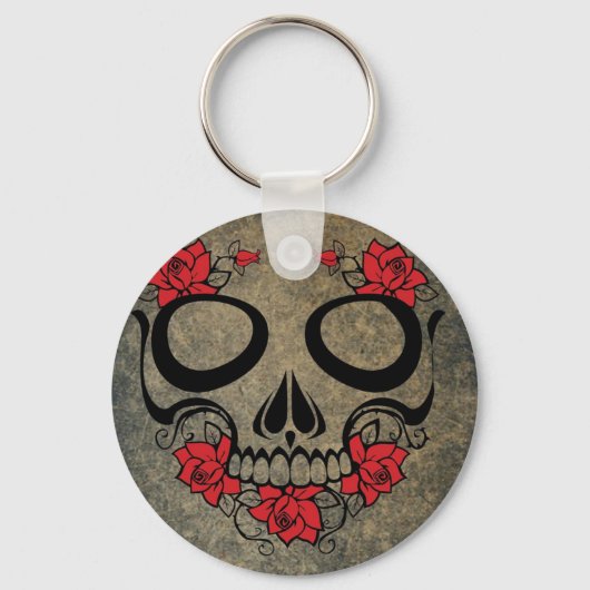 Rote Rose Skull Button Schlüsselanhänger (Vorderseite)