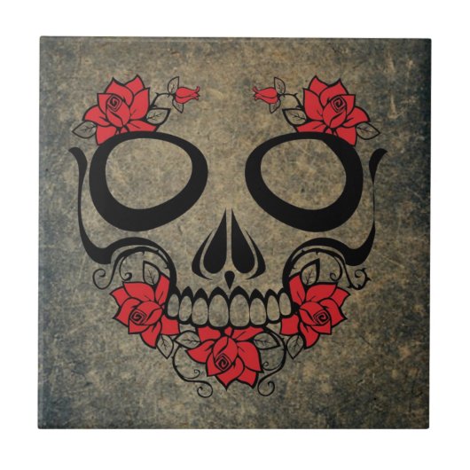 Rote Rose Skull Fliese (Vorderseite)