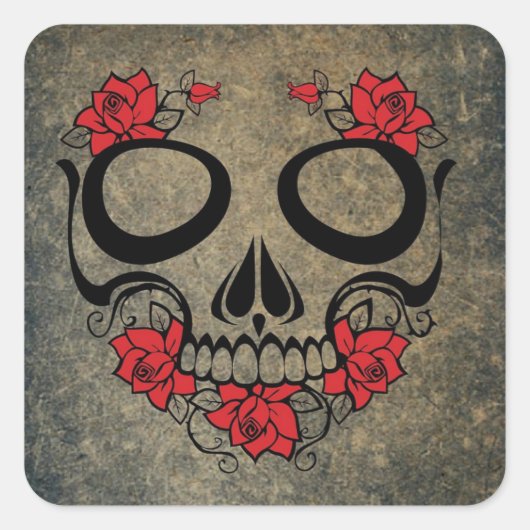 Rote Rose Skull Quadratischer Aufkleber (Vorderseite)