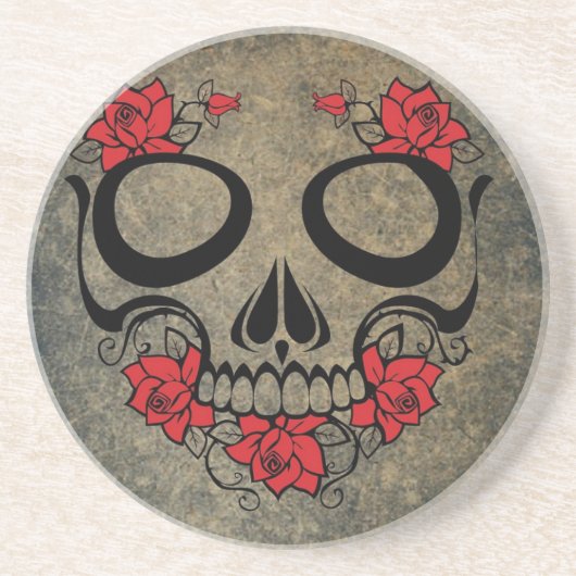 Rote Rose Skull Sandstein Untersetzer (Vorne)