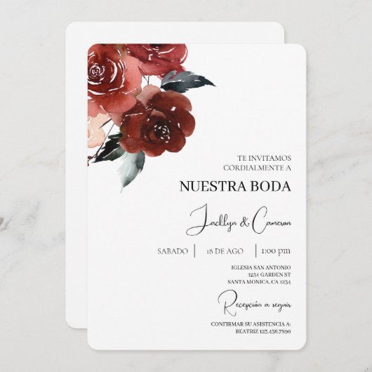 Rote Rose Spanische Hochzeit Einladung (Vorne/Hinten)