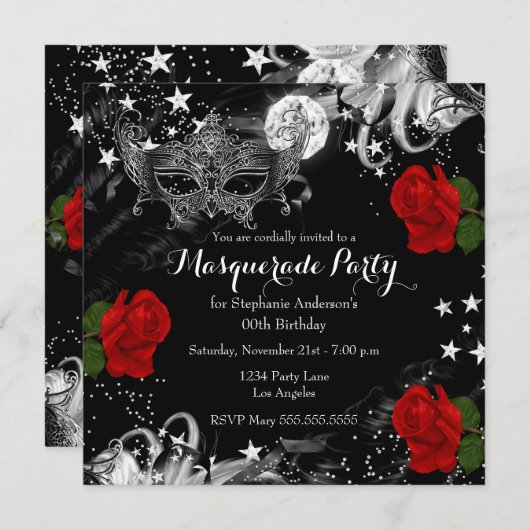 Rote Rose Starry Magical Night Masquerade Party Einladung (Vorne/Hinten)
