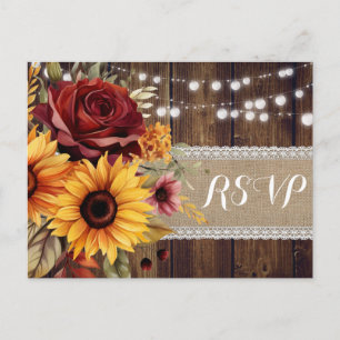 Rote Rose Sunflower Rustic Wedding RSVP Postcard Einladungspostkarte