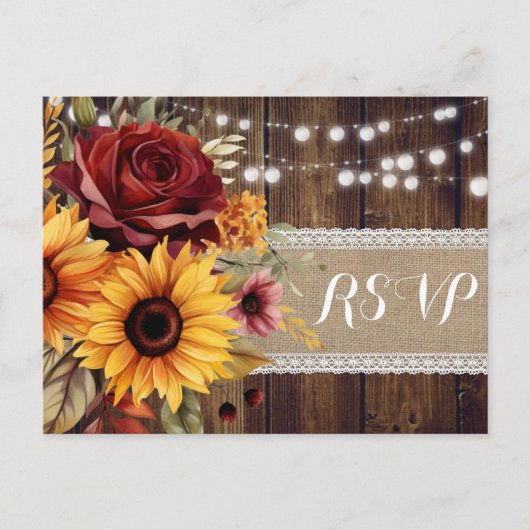Rote Rose Sunflower Rustic Wedding RSVP Postcard Einladungspostkarte (Vorderseite)