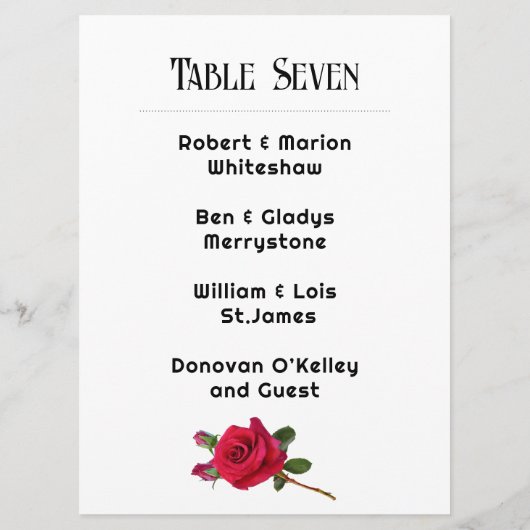 Rote Rose-Tischnummer-Namenskarte Programm (Rückseite)
