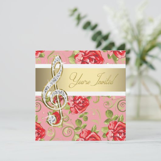 Rote Rose Treble Clef Einladung (Stehend Vorderseite)