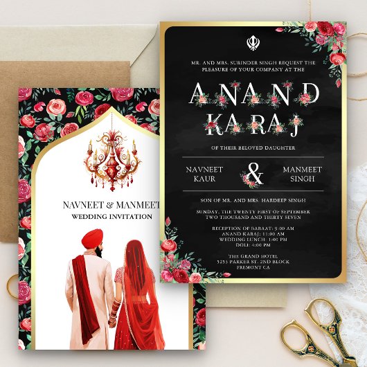 Rote Rose Typografie Black Anand Karaj Sikh Weddin Einladung