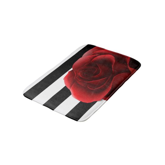 Rote Rose u. Schwarz-weiße Streifen Badematte (Schrägansicht)