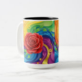 Rote Rose über den Abstrakten Regenbogenuntergrund Zweifarbige Tasse (Vorderseite Links)