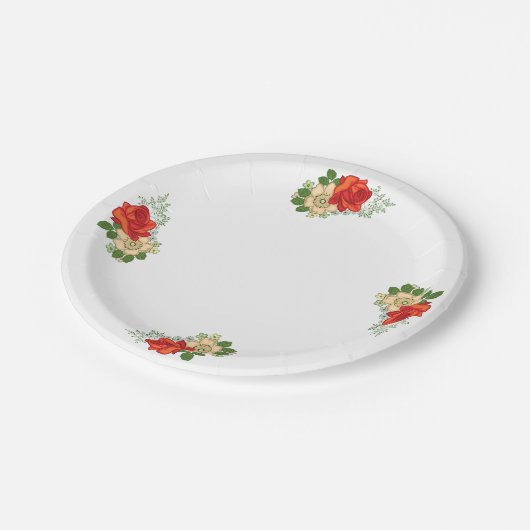 Rote Rose und Design Pappteller (Schrägansicht)