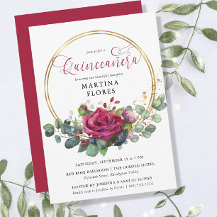 Rote Rose und Eukalyptus Elegante florale Quincean Einladung