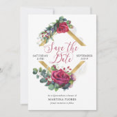 Rote Rose und Eukalyptus Elegantes Quinceanera Save The Date (Vorderseite)
