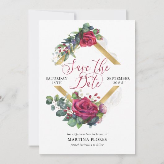 Rote Rose und Eukalyptus Elegantes Quinceanera Save The Date (Vorderseite)