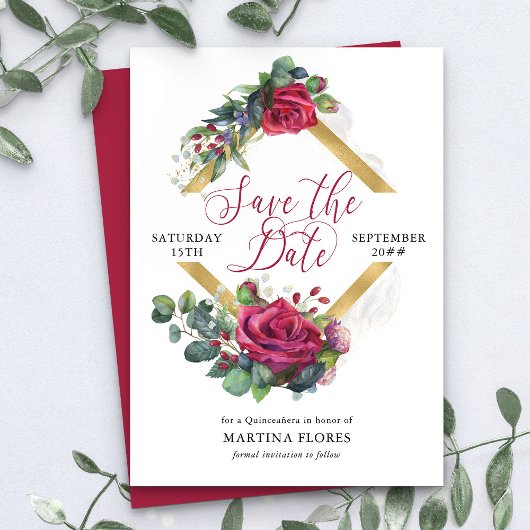 Rote Rose und Eukalyptus Elegantes Quinceanera Save The Date