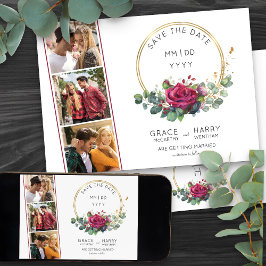 Rote Rose und Eukalyptus Gold Frame 3 Foto Hochzei Save The Date