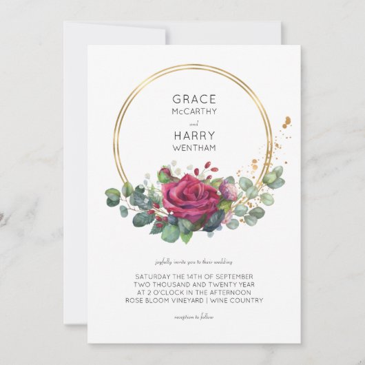 Rote Rose und Eukalyptus Gold Frame Wedding Einladung (Vorderseite)