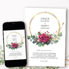 Rote Rose und Eukalyptus Gold Frame Wedding Einladung