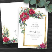 Rote Rose und Eukalyptus Gold Frame Wedding Einladung