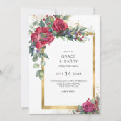 Rote Rose und Eukalyptus Gold Frame Wedding Einladung (Vorderseite)