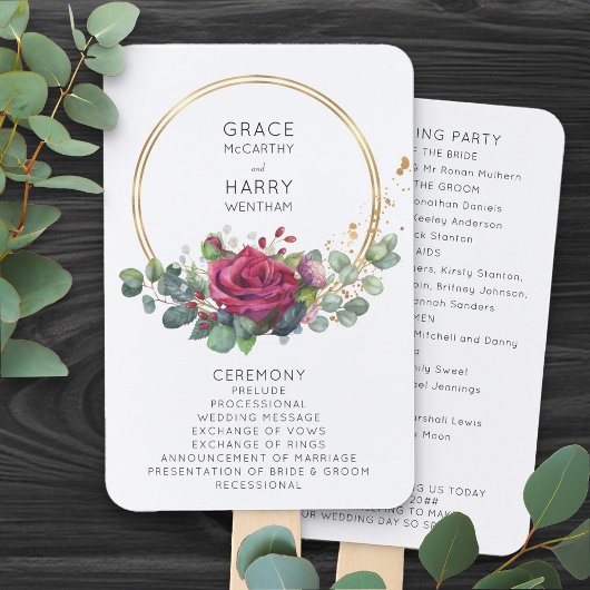 Rote Rose und Eukalyptus Hochzeitsprogramm Handfäc Fächer
