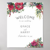 Rote Rose und Eukalyptus Wedding Willkommen Poster (Vorne)