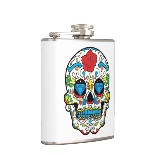 Rote Rose und farbiger Retro-Blumenschädel Flachmann (Rechts)