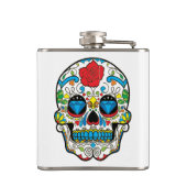 Rote Rose und farbiger Retro-Blumenschädel Flachmann (Rückseite)