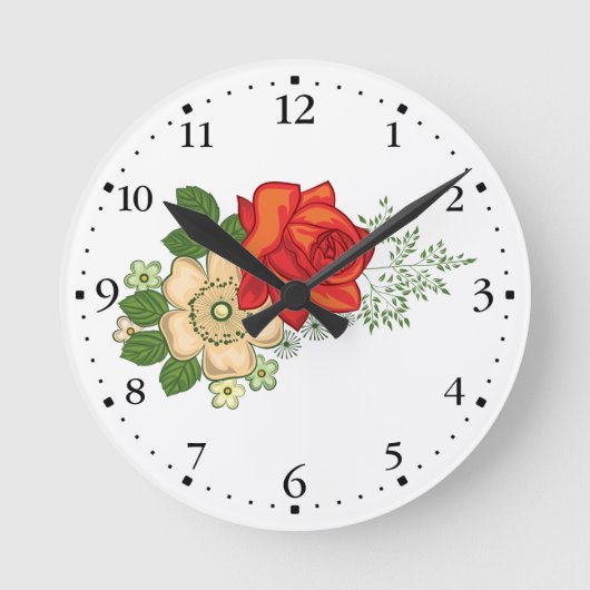 Rote Rose und Gänseblümchen Clockface 1 Schwarzes Runde Wanduhr (Vorderseite)