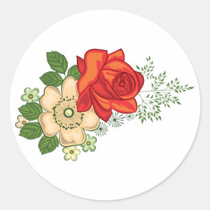 Rote Rose und Gänseblümchen Runder Aufkleber