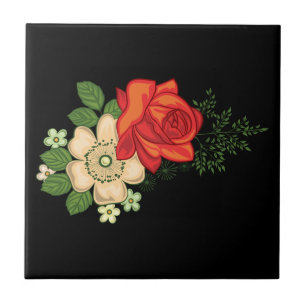 Rote Rose und Gänseblümchen schwarzer Hintergrund Fliese