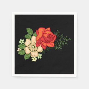 Rote Rose und Gänseblümchen Schwarzer Hintergrund Serviette