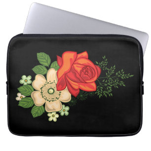 Rote Rose und Gänseblümchen vor schwarzem Hintergr Laptopschutzhülle