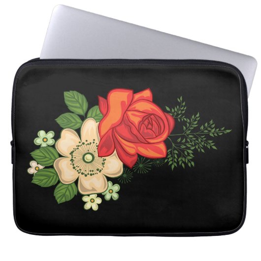 Rote Rose und Gänseblümchen vor schwarzem Hintergr Laptopschutzhülle (Vorderseite)