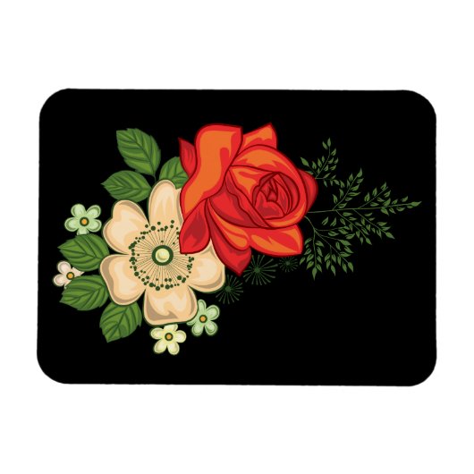 Rote Rose und Gänseblümchen vor schwarzem Hintergr Magnet (Horizontal)