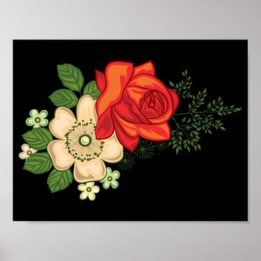 Rote Rose und Gänseblümchen vor schwarzem Hintergr Poster (Vorne)