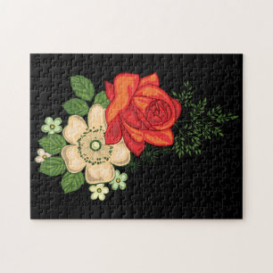 Rote Rose und Gänseblümchen vor schwarzem Hintergr Puzzle