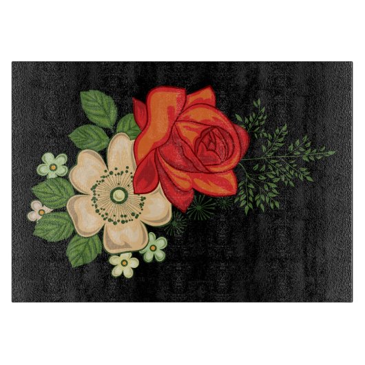Rote Rose und Gänseblümchen vor schwarzem Hintergr Schneidebrett (Vorderseite)