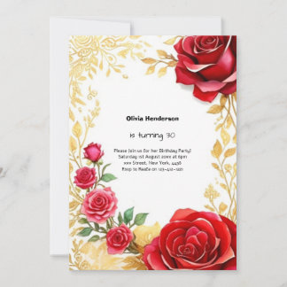 Rote Rose und Gold 30. Geburtstag Einladung