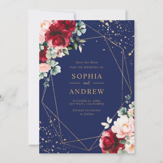 Rote Rose und Gold Aquarellblumen Save the Date Einladung (Vorderseite)