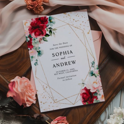 Rote Rose und Gold Aquarellblumen Save the Date Einladung