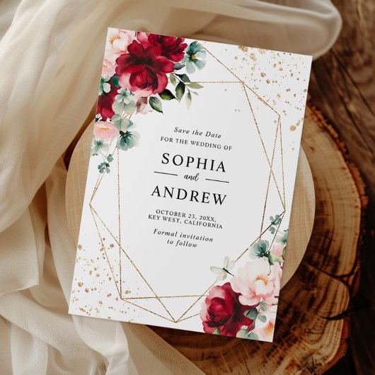 Rote Rose und Gold Aquarellblumen Save the Date Einladung