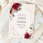 Rote Rose und Gold Aquarellblumen Save the Date Einladung